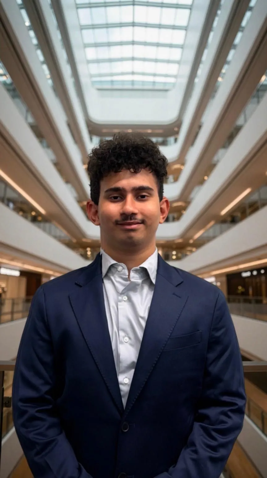 Portrait of Aarav Aher in a navy blazer, in a bright multi-storey atrium