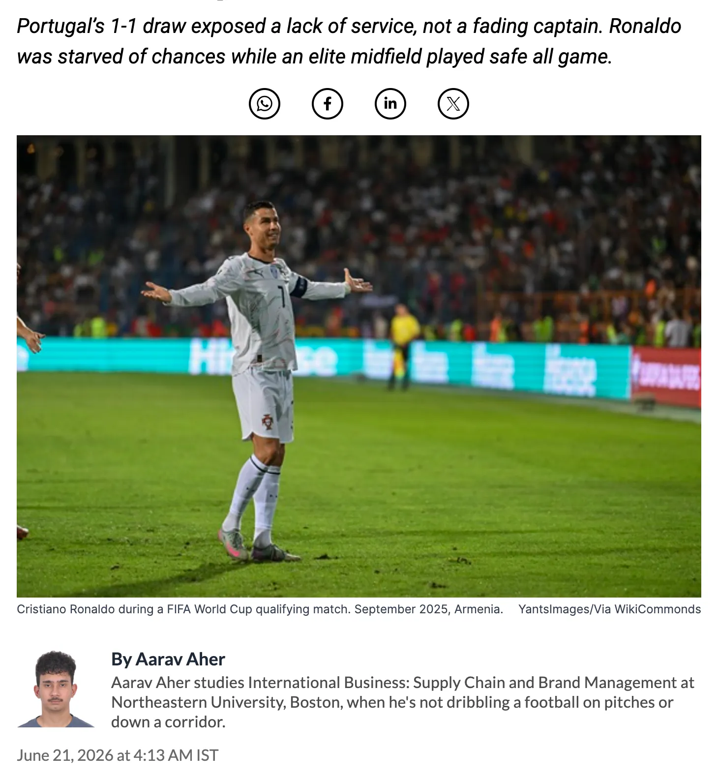 Aarav’s BasisPoint Insight article on Portugal’s 1–1 draw, with a photo of Cristiano Ronaldo and his byline